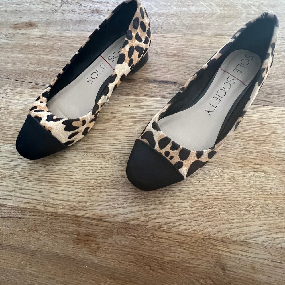 Sole Society Leopard Ballet Flats / Black Toe Shoes - Size 5.5